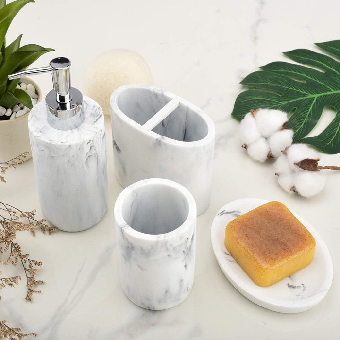 Orren Ellis Bathroom Accessory Set,4 Pieces White Marble Bathroom